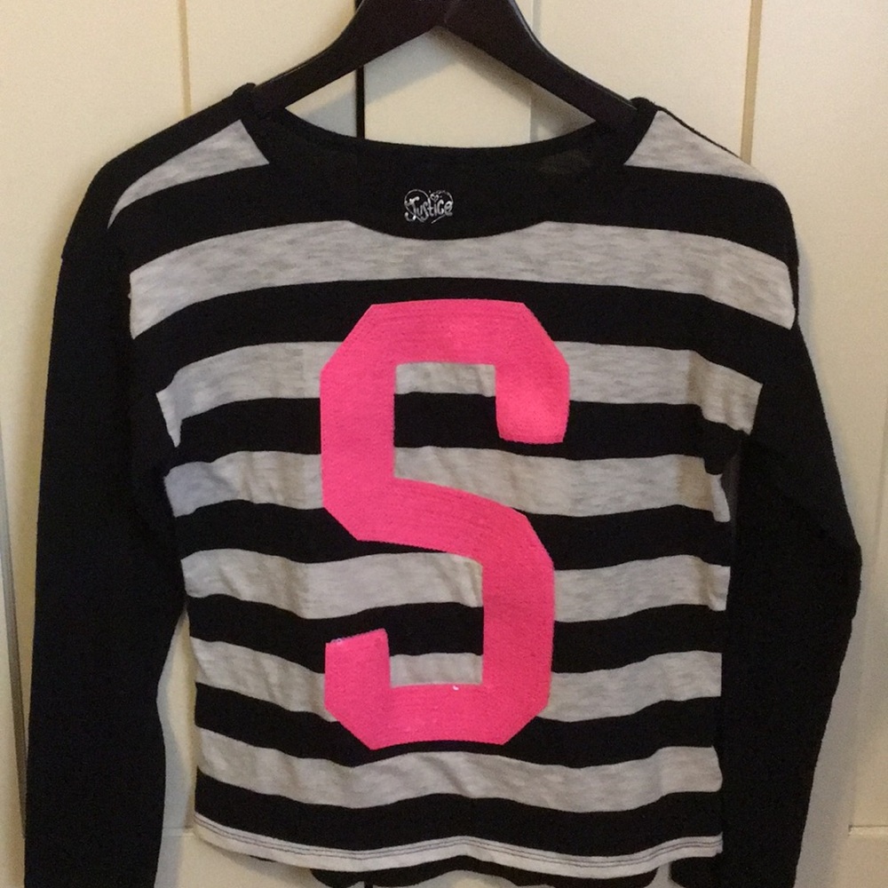 Justice white and black stripped sparkly ‘S’ top